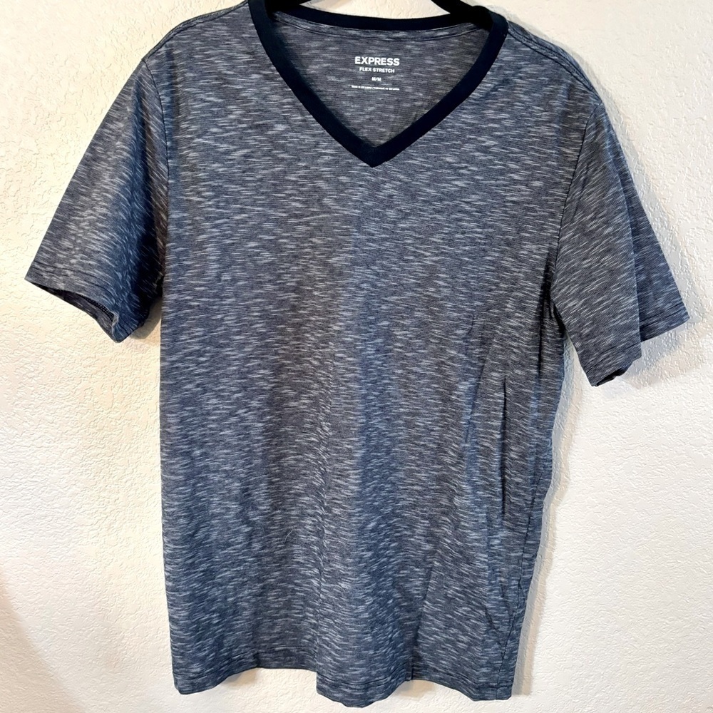 Express Men’s Tee Medium Flex Stretch Heathered Grey V-Neck Black Trim Short Sl